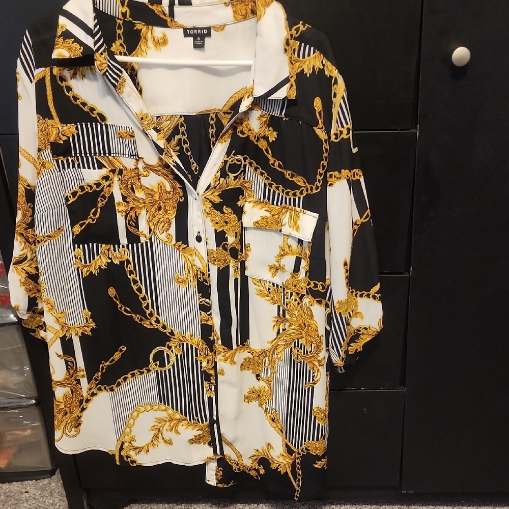 Torrid Black and Gold Baroque Print Shirt